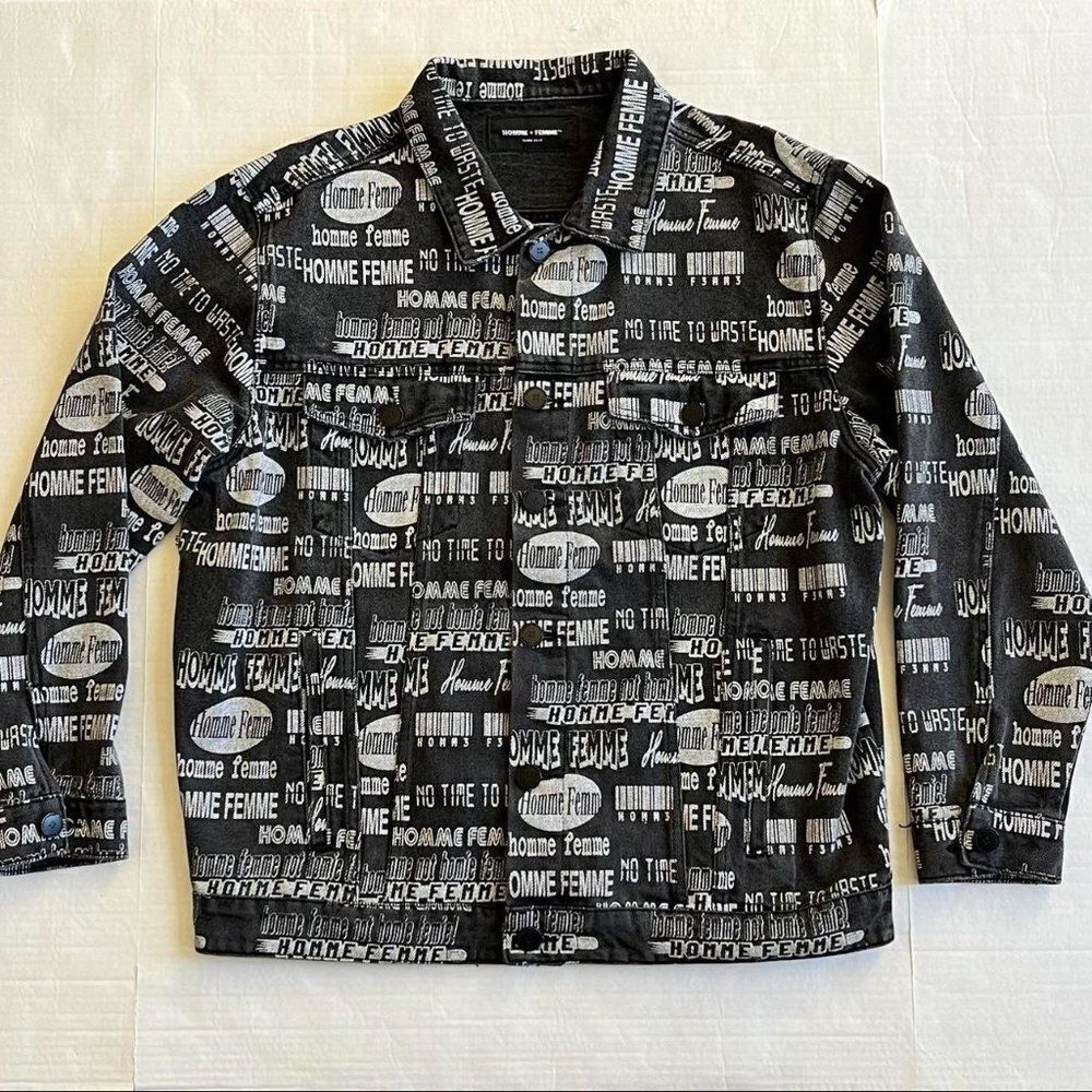 Homme + Femme Men's Black All Over Logo Print Button Front Denim Jacket Xlarge